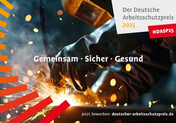 Rechteckiges Keyvisual des Deutschen Arbeitsschutzpreises mit Logo und Claim: Gemeinsam. Sicher. Gesund.